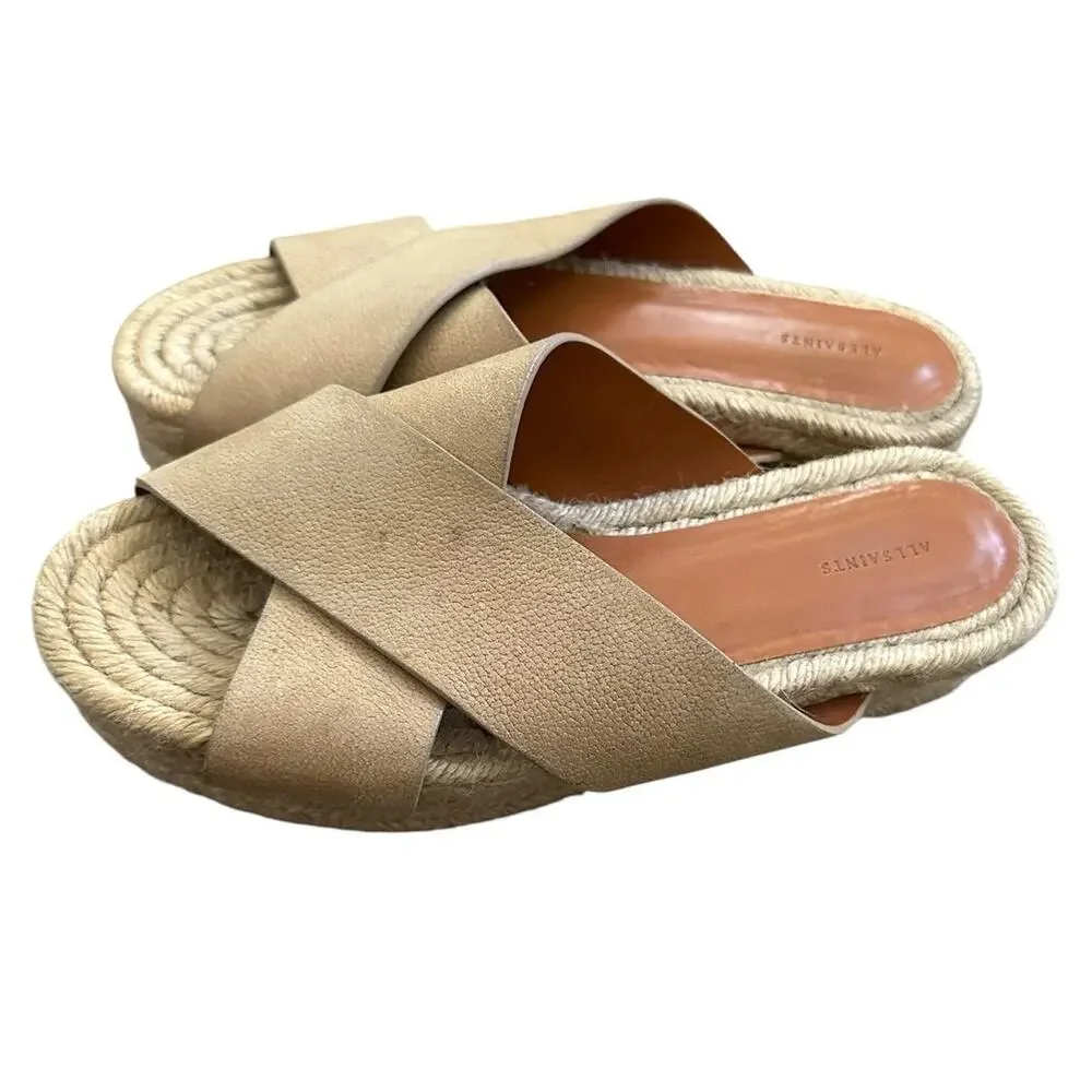 Allsaints Women's Harlem Espadrille Leather Platform Slides Sand size 38